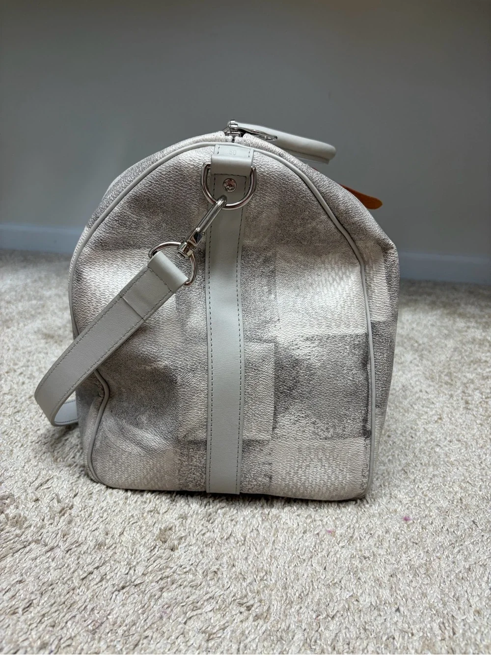 Louis Vuitton Grey Checkered Duffel with Tan Tag